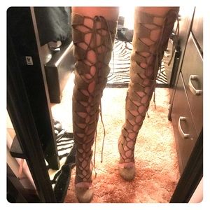 thigh high tan strapped heels
